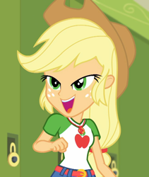 Size: 910x1080 | Tagged: safe, screencap, character:applejack, equestria girls:holidays unwrapped, g4, my little pony:equestria girls, applejack's hat, canterlot high, clothing, cowboy hat, cropped, cute, female, freckles, geode of super strength, hallway, hat, jackabetes, lockers, magical geodes, o come all ye squashful, open mouth, smiling, solo