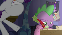 Size: 1920x1080 | Tagged: safe, screencap, character:rarity, character:spike, episode:dragon dropped, episode:power ponies, g4, my little pony: friendship is magic, captain mare-acle, clothing, faec, feather, funny, great moments in animation, paper, poster, robe, scroll, wonder mare (power ponies), writing