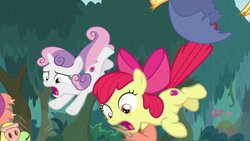 Size: 1280x720 | Tagged: safe, screencap, character:apple bloom, character:sweetie belle, species:earth pony, species:pony, species:unicorn, episode:the last crusade, g4, my little pony: friendship is magic, airborne, cutie mark, duo, female, filly, foal, open mouth, the cmc's cutie marks