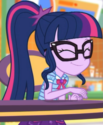 Size: 563x684 | Tagged: safe, screencap, character:twilight sparkle, character:twilight sparkle (scitwi), species:eqg human, equestria girls:holidays unwrapped, g4, my little pony:equestria girls, ^^, bow tie, chair, clothing, cropped, cute, eyes closed, female, geode of telekinesis, glasses, hairpin, happy, jewelry, magical geodes, mall, ponytail, shirt, short sleeves, sitting, skirt, smiling, table, twiabetes