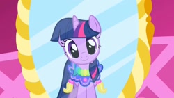 Size: 1280x720 | Tagged: safe, screencap, character:twilight sparkle, character:twilight sparkle (unicorn), species:pony, species:unicorn, episode:the ticket master, g4, my little pony: friendship is magic, carousel boutique, clothing, female, head tilt, mare, mirror, saddle, smiling, solo, tack