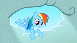 Size: 1280x720 | Tagged: safe, screencap, character:rainbow dash, species:pegasus, species:pony, episode:the ticket master, g4, my little pony: friendship is magic, cloud, female, hole, looking down, mare, rain, solo