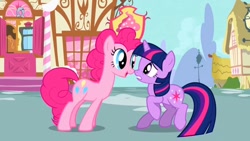 Size: 1280x720 | Tagged: safe, screencap, character:pinkie pie, character:twilight sparkle, character:twilight sparkle (unicorn), species:earth pony, species:pony, species:unicorn, episode:the ticket master, g4, my little pony: friendship is magic, duo, female, mare, nose to nose, nose wrinkle, ponyville, raised hoof, sugarcube corner