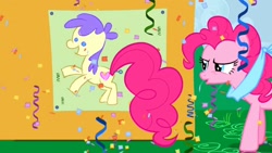 Size: 1280x720 | Tagged: safe, screencap, character:pinkie pie, species:earth pony, species:pony, episode:the ticket master, g4, my little pony: friendship is magic, blindfold, confetti, cute, diapinkes, female, mare, pin the tail on the pony, solo, streamers