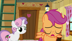 Size: 1280x720 | Tagged: safe, screencap, character:scootaloo, character:sweetie belle, species:pegasus, species:pony, species:unicorn, episode:the last crusade, g4, my little pony: friendship is magic, clubhouse, crusaders clubhouse, curtains, door, duo, duo female, eyes closed, female, heart, ladder, sad, sigh, window