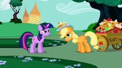Size: 1280x720 | Tagged: safe, screencap, character:applejack, character:twilight sparkle, character:twilight sparkle (unicorn), species:earth pony, species:pony, species:unicorn, episode:the ticket master, g4, my little pony: friendship is magic, angry, apple, cake, cart, cupcake, cute, female, food, jackabetes, mare, pie, ponyville, smiling