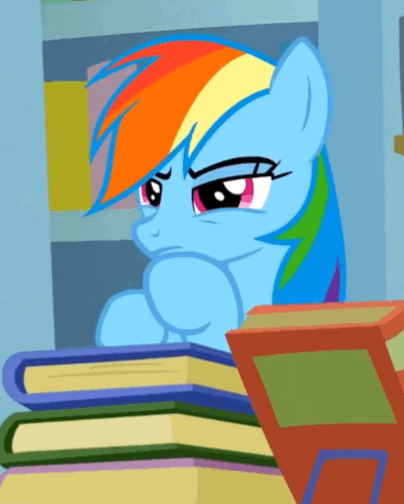 Size: 404x504 | Tagged: safe, screencap, character:rainbow dash, species:pegasus, species:pony, episode:daring doubt, g4, my little pony: friendship is magic, animated, book, cropped, cute, dashabetes, gif, raised eyebrow, solo