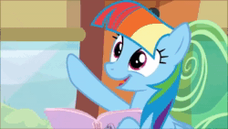 Size: 1280x720 | Tagged: safe, screencap, character:rainbow dash, species:pegasus, species:pony, episode:the lost treasure of griffonstone, g4, my little pony: friendship is magic, alternate hairstyle, animated, book, female, imitation, manebow sparkle, manual, mare, rainbow dork, solo, sound, train, webm