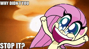 Size: 358x200 | Tagged: safe, screencap, character:fluttershy, species:pegasus, species:pony, g4.5, my little pony:pony life, animated, doom paul, exploitable meme, exuberant airdancer fluttershy, female, gif, impact font, mare, meme, noodle arms, nuclear explosion, nuclear weapon, solo, unshorn fetlocks, wacky waving inflatable tube pony, weapon