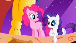 Size: 1280x720 | Tagged: safe, screencap, character:pinkie pie, character:rarity, species:earth pony, species:pony, species:unicorn, episode:the ticket master, g4, my little pony: friendship is magic, golden oaks library
