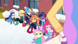 Size: 1920x1080 | Tagged: safe, screencap, character:applejack, character:fluttershy, character:pinkie pie, character:princess celestia, character:principal celestia, character:rainbow dash, character:rarity, character:sunset shimmer, character:twilight sparkle, character:twilight sparkle (scitwi), species:eqg human, equestria girls:holidays unwrapped, g4, my little pony:equestria girls, blizzard or bust, boots, canterlot high, caught, celestia is not amused, clothing, coat, earmuffs, fake snow, female, fluttershy's winter hat, grin, hand on hip, hat, humane five, humane seven, humane six, imminent detention, jacket, mittens, nervous, nervous grin, oh crap face, outdoors, rarity's winter hat, shoes, smiling, this will end in detention, toque, unamused, winter coat, winter hat, winter jacket, winter outfit