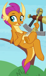 Size: 405x665 | Tagged: safe, screencap, character:smolder, species:dragon, episode:the last problem, g4, my little pony: friendship is magic, adult, all is well, cropped, crossed legs, dragoness, fangs, female, folded wings, horns, notepad, older, older smolder, open mouth, sextant, smiling, solo, toes, underfoot, wings