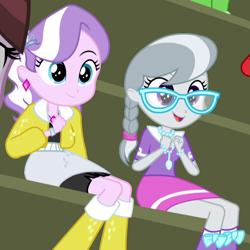 Size: 800x800 | Tagged: safe, screencap, character:diamond tiara, character:silver spoon, equestria girls:friendship games, g4, my little pony:equestria girls, braided ponytail, clothing, cropped, duo focus, ear piercing, earring, glasses, jacket, jewelry, necklace, piercing, smiling