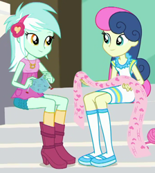 Size: 690x770 | Tagged: safe, screencap, character:bon bon, character:lyra heartstrings, character:sweetie drops, episode:queen of clubs, g4, my little pony:equestria girls, adorabon, cropped, cute, duo, duo female, female, headband, knitting, knitting needles, looking at each other, lyrabetes, sitting, smiling, steps