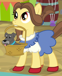 Size: 400x495 | Tagged: safe, screencap, species:dog, species:earth pony, species:pony, episode:growing up is hard to do, g4, my little pony: friendship is magic, basket, clothing, costume, cropped, dorothy gale, mouth hold, ruby slippers (pony), the wizard of oz