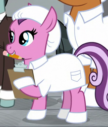 Size: 450x525 | Tagged: safe, screencap, species:earth pony, species:pony, episode:the last laugh, g4, my little pony: friendship is magic, clipboard, clothing, cropped, hoof gloves, lab coat, lavender flask, mouth hold, pencil, solo focus