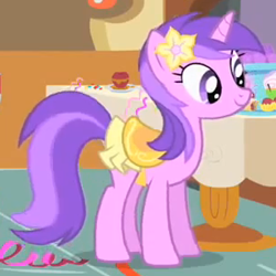 Size: 307x307 | Tagged: safe, screencap, character:amethyst star, character:sparkler, species:pony, species:unicorn, episode:a bird in the hoof, g4, my little pony: friendship is magic, background pony, clothing, cropped, female, flower, flower in hair, mare, saddle, skirt, solo, tack