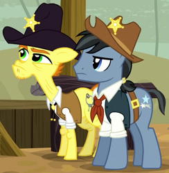 Size: 572x586 | Tagged: safe, screencap, species:earth pony, species:pony, episode:appleoosa's most wanted, g4, my little pony: friendship is magic, appleloosa resident, cropped, duo, fetter keys, star spur