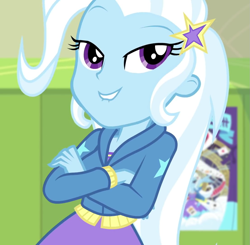 Size: 1101x1080 | Tagged: safe, screencap, character:trixie, equestria girls:forgotten friendship, g4, my little pony:equestria girls, barrette, canterlot high, clothing, cropped, crossed arms, cute, diatrixes, female, hallway, hoodie, lip bite, lockers, looking at you, solo, trixie's poster