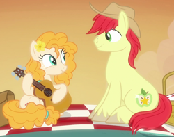 Size: 1030x812 | Tagged: safe, screencap, character:bright mac, character:pear butter, species:pony, episode:the perfect pear, g4, my little pony: friendship is magic, basket, clothing, cropped, guitar, hat, musical instrument, picnic basket, picnic blanket