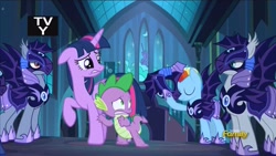 Size: 1280x720 | Tagged: safe, screencap, character:spike, character:twilight sparkle, character:twilight sparkle (alicorn), species:alicorn, species:bat pony, species:dragon, species:pegasus, species:pony, episode:the cutie re-mark, alternate timeline, night guard, night guard dash, nightmare takeover timeline, thumbnail, youtube link