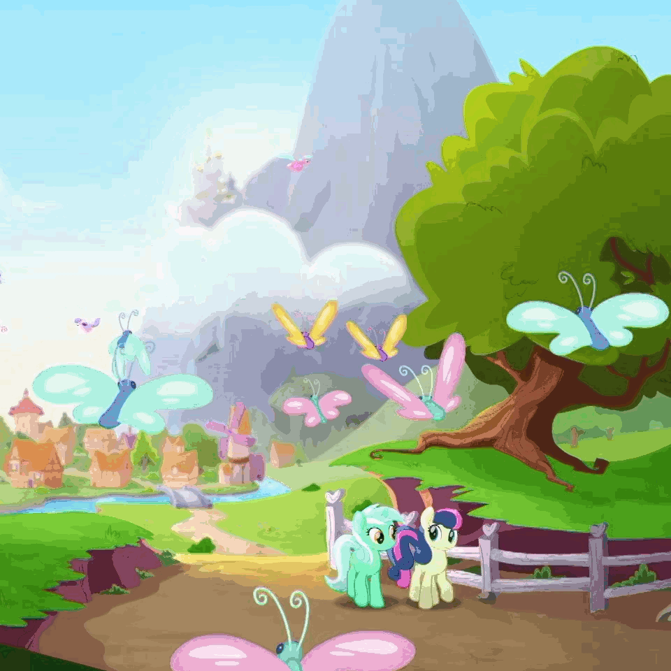 Size: 960x960 | Tagged: safe, screencap, character:bon bon, character:derpy hooves, character:lyra heartstrings, character:sweetie drops, species:earth pony, species:pegasus, species:pony, species:unicorn, derpibooru, friendship is magic: rainbow roadtrip, g4, my little pony: friendship is magic, adorabon, animated, butterfly, canterlot, cropped, cute, female, fence, gif, house, juxtaposition, lyrabetes, mare, meta, mountain, multi image animation, ponyville, river, tree, walking