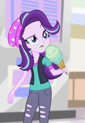 Size: 346x500 | Tagged: safe, screencap, character:starlight glimmer, equestria girls:mirror magic, g4, my little pony:equestria girls, animated, beanie, clothing, cropped, eating, food, gif, hat, ice cream, messy eating, solo, that human sure does love ice cream