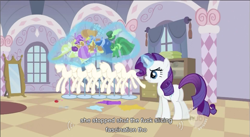 Size: 853x469 | Tagged: safe, screencap, character:rarity, species:pony, species:unicorn, carousel boutique, female, mare, meme, solo, vulgar, youtube caption