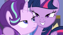 Size: 1041x585 | Tagged: safe, screencap, character:starlight glimmer, character:twilight sparkle, character:twilight sparkle (alicorn), species:alicorn, species:pony, species:unicorn, episode:no second prances, g4, my little pony: friendship is magic, faec, starlight is not amused, unamused