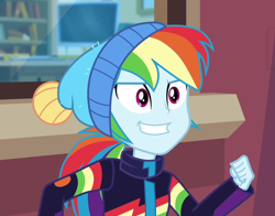Size: 1208x949 | Tagged: safe, screencap, character:rainbow dash, equestria girls:holidays unwrapped, g4, my little pony:equestria girls, blizzard or bust, canterlot high, celestia's office, clothing, computer, cropped, female, grin, jacket, smiling, solo, toque, windowsill, winter hat, winter jacket, winter outfit