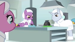 Size: 1920x1080 | Tagged: safe, screencap, species:pony, episode:the last laugh, g4, my little pony: friendship is magic, clothing, factory, gag factory, lab coat, lavender flask, male, platinum cure, raspberry cotton, stallion, weight, whoopee cushion