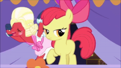 Size: 1280x720 | Tagged: safe, screencap, character:apple bloom, character:big mcintosh, character:meadow song, character:tender brush, species:earth pony, species:pony, episode:brotherhooves social, g4, my little pony: friendship is magic, adam's apple, animated, clothing, crossdressing, dress, female, filly, makeup, male, orchard blossom, panties, power slide, singing, sisterhood, sound, stallion, underwear, webm, wig
