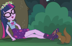 Size: 325x207 | Tagged: safe, screencap, character:harry, character:twilight sparkle, character:twilight sparkle (scitwi), species:eqg human, episode:stressed in show, g4, my little pony:equestria girls, boots, bush, choose your own ending (season 1), clothing, cropped, eyes closed, floral head wreath, flower, glasses, mud, open mouth, ponytail, shoes, skirt, sleeping, squirrel, stressed in show: fluttershy, wreath