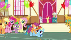 Size: 1920x1080 | Tagged: safe, screencap, character:apple bloom, character:applejack, character:fluttershy, character:mayor mare, character:pinkie pie, character:rainbow dash, character:scootaloo, character:snails, character:spike, character:sweetie belle, species:pegasus, species:pony, episode:the last crusade, g4, my little pony: friendship is magic, cute, cutealoo, cutie mark crusaders, dashabetes, out of context, ponies riding ponies, riding, scootalove