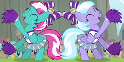 Size: 1260x630 | Tagged: safe, screencap, character:lilac sky, character:spring step, character:sunlight spring, species:pegasus, species:pony, episode:rainbow falls, g4, my little pony: friendship is magic, audience, background pony, bow, cheerleader, cheerleader outfit, clothing, cropped, cute, eyes closed, female, folded wings, male, open mouth, pom pom, skirt, wings