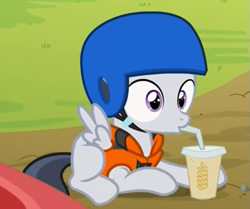 Size: 549x459 | Tagged: safe, screencap, character:rumble, species:pegasus, species:pony, episode:marks and recreation, g4, my little pony: friendship is magic, colt, cropped, cute, drink, drinking, hay, hay smoothie, helmet, male, prone, rumblebetes, solo, straw