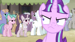 Size: 1280x720 | Tagged: safe, screencap, character:double diamond, character:starlight glimmer, character:sugar belle, species:earth pony, species:pegasus, species:pony, species:unicorn, episode:the cutie map, g4, my little pony: friendship is magic, angry, annoyed, equal cutie mark, equalized, female, frown, mare, raised hoof, s5 starlight, village