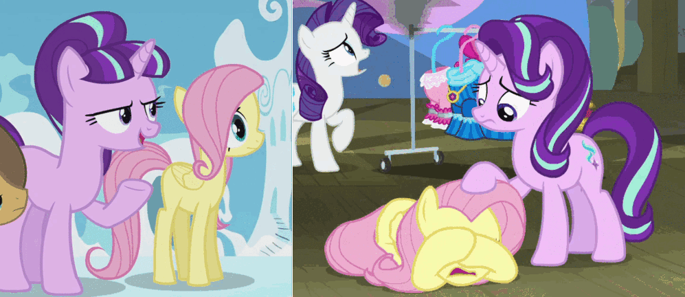 Size: 997x432 | Tagged: safe, screencap, character:applejack, character:fluttershy, character:hoops, character:rarity, character:starlight glimmer, species:pegasus, species:pony, species:unicorn, episode:horse play, episode:the cutie re-mark, g4, my little pony: friendship is magic, animated, comparison, continuity, female, filly, filly fluttershy, gif, petting, s5 starlight, younger