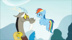 Size: 1280x720 | Tagged: safe, screencap, character:discord, character:rainbow dash, species:draconequus, species:pegasus, species:pony, episode:what about discord?, g4, my little pony: friendship is magic, animated, crazy face, duo, faec, female, laughing, male, mare, sound, webm