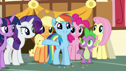 Size: 1920x1080 | Tagged: safe, screencap, character:applejack, character:fluttershy, character:pinkie pie, character:rainbow dash, character:rarity, character:spike, character:twilight sparkle, character:twilight sparkle (alicorn), species:alicorn, species:dragon, species:pony, episode:the last crusade, g4, my little pony: friendship is magic, cute, dashabetes, mane six, smiling, winged spike