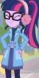 Size: 539x1080 | Tagged: safe, screencap, character:twilight sparkle, character:twilight sparkle (scitwi), species:eqg human, equestria girls:holidays unwrapped, g4, my little pony:equestria girls, ^^, buttons, clothing, cropped, earmuffs, eyes closed, female, glasses, hairband, hands on hip, happy, jacket, leggings, long sleeve shirt, mall, pantyhose, ponytail, scarf, shirt, skirt, smiling, winter coat, winter outfit