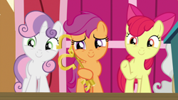 Size: 1280x720 | Tagged: safe, screencap, character:apple bloom, character:scootaloo, character:sweetie belle, species:pegasus, species:pony, episode:the last crusade, g4, my little pony: friendship is magic, cute, cutie mark crusaders, key