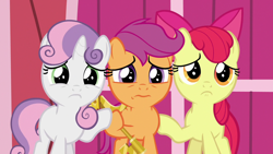 Size: 1280x720 | Tagged: safe, screencap, character:apple bloom, character:scootaloo, character:sweetie belle, species:pegasus, species:pony, episode:the last crusade, g4, my little pony: friendship is magic, cutie mark crusaders, key, sad