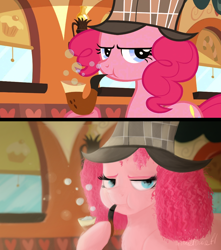 Size: 6000x6800 | Tagged: safe, artist:nyota71, screencap, character:pinkie pie, species:earth pony, species:pony, episode:mmmystery on the friendship express, g4, my little pony: friendship is magic, bubble, clothing, curly hair, curtains, friendship express, hat, pipe, redesign, redraw, sherlock hat, solo, window