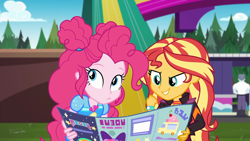 Size: 1920x1080 | Tagged: safe, screencap, character:pinkie pie, character:sunset shimmer, equestria girls:sunset's backstage pass, g4, my little pony:equestria girls, brochure, cute, diapinkes, duo, duo female, female, geode of sugar bombs, magical geodes, male, max steele, outdoors, security guard, shimmerbetes, smiling