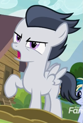 Size: 355x521 | Tagged: safe, screencap, character:mocha berry, character:rumble, character:skeedaddle, species:pegasus, species:pony, species:unicorn, episode:marks and recreation, g4, my little pony: friendship is magic, colt, cropped, discovery family logo, male, raised hoof, solo focus