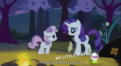 Size: 853x469 | Tagged: safe, screencap, character:rarity, character:sweetie belle, species:pony, species:unicorn, campfire, duo, duo female, eye contact, female, filly, looking at each other, mare, youtube caption