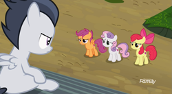 Size: 1183x649 | Tagged: safe, screencap, character:apple bloom, character:rumble, character:scootaloo, character:sweetie belle, species:earth pony, species:pegasus, species:pony, species:unicorn, episode:marks and recreation, g4, my little pony: friendship is magic, colt, discovery family logo, female, filly, male, sitting, stands