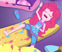 Size: 1334x1106 | Tagged: safe, screencap, character:pinkie pie, character:sunset shimmer, equestria girls:sunset's backstage pass, g4, my little pony:equestria girls, barefoot, clothing, cropped, feet, nightgown, pajamas, sleeping, sleeveless