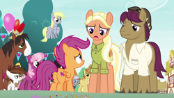 Size: 1920x1080 | Tagged: safe, screencap, character:cheerilee, character:chipcutter, character:derpy hooves, character:feather bangs, character:mane allgood, character:pipsqueak, character:scootaloo, character:snap shutter, character:trouble shoes, species:earth pony, species:pegasus, species:pony, episode:the last crusade, g4, my little pony: friendship is magic, background pony, balloon, colt, family, father and child, father and daughter, female, filly, flying, heart balloon, male, mare, mother and child, mother and daughter, stallion, unshorn fetlocks